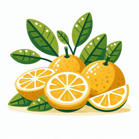 Citrus fruits with leaves on white background. Vector illustration.のイラスト素材