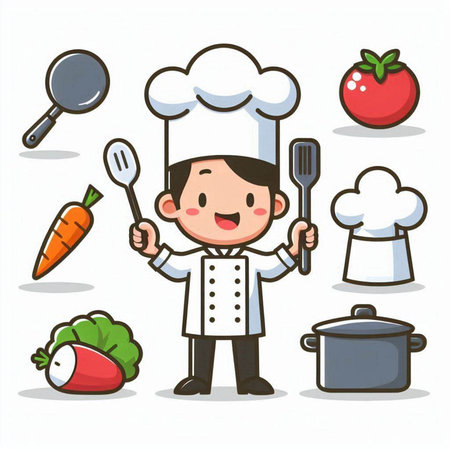 Chef cooking with vegetables and utensils cartoon vector illustration.のイラスト素材