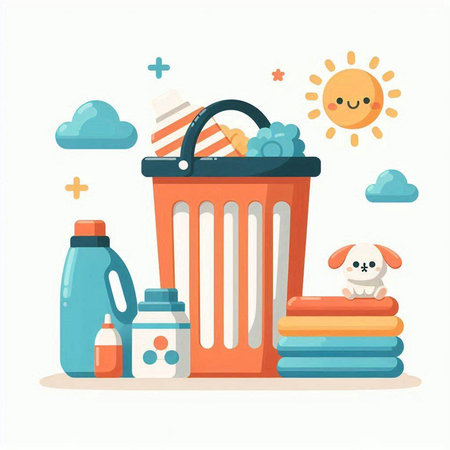 Basket with cleaning products. Vector illustration in flat cartoon style.のイラスト素材