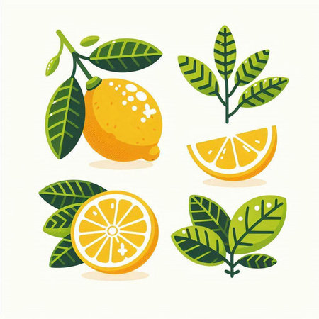 Lemon fruits and leaves. Vector set of fresh citrus fruits.のイラスト素材