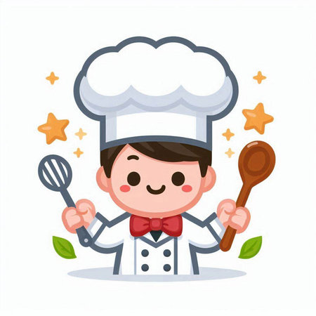 Cute cartoon chef with spoon and ladle. Vector illustration.のイラスト素材