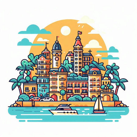 Colorful hand drawn vector illustration of island in the sea with buildings, boats and palm treesのイラスト素材
