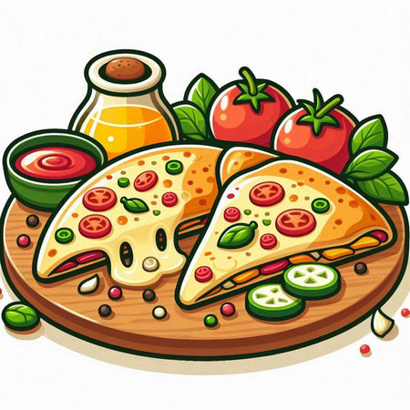 Illustration of a Pizza with Tomatoes, Cheese and Ketchupのイラスト素材