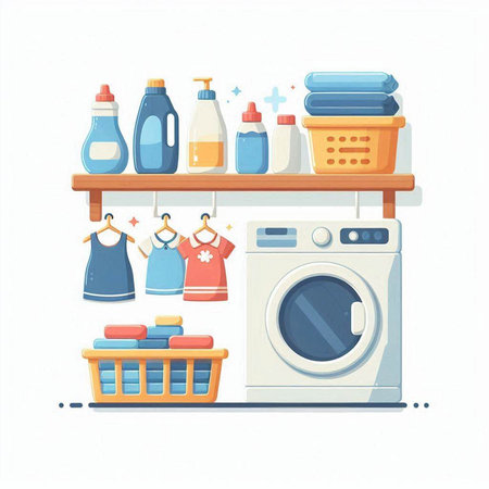 Laundry room. Washing machine, washing basket, detergent, bleach, dishwashing liquid, washing powder. Vector illustrationのイラスト素材