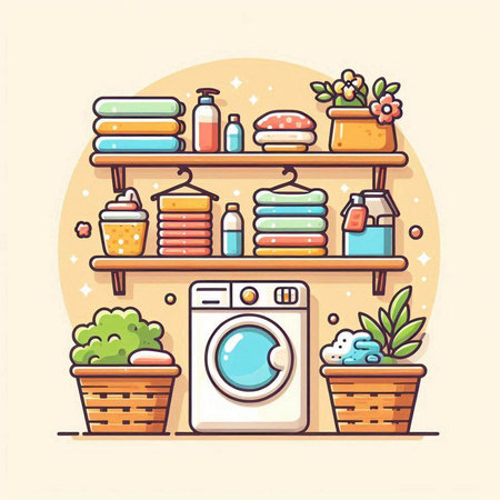 Laundry room with washing machine and basket with towels. Vector illustrationのイラスト素材