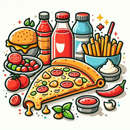 Pizza and fast food. Colorful vector illustration in cartoon style.のイラスト素材