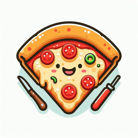 Pizza character with cheese, tomato and salami. Vector illustration.のイラスト素材