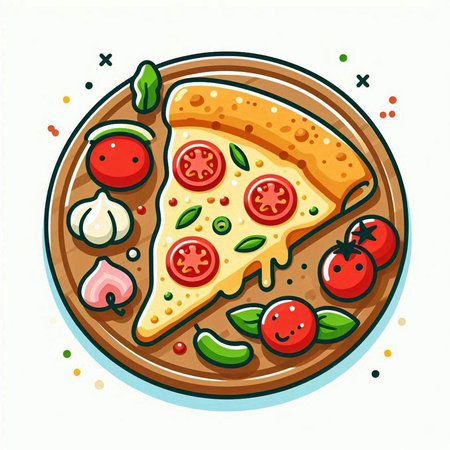 Pizza slice with tomato, mozzarella and basil. Vector illustration.のイラスト素材