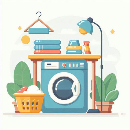 Laundry room with washing machine, basket with towels and dry cleaning products. Flat vector illustration.のイラスト素材