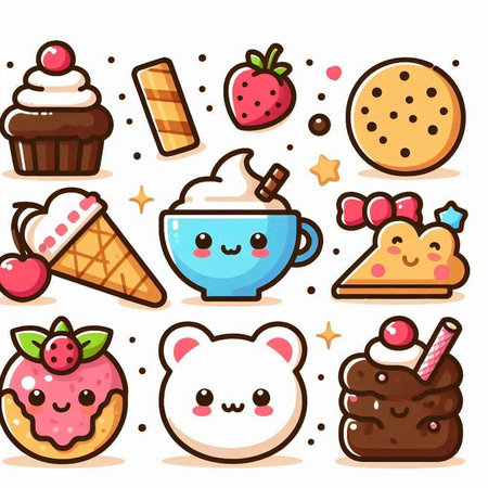 Cute Kawaii Coffee Cup, Ice Cream, Sweets, Cake, Cookie, Ice Cream, Cartoon Vector Characterのイラスト素材