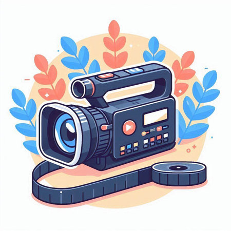Video camera with film strip. Vector illustration in flat cartoon style.のイラスト素材
