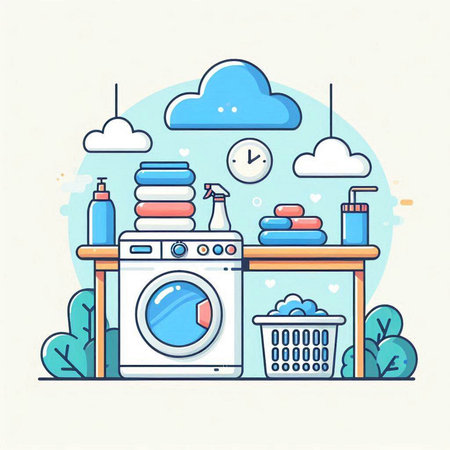 Laundry room with washing machine. Vector illustration in flat styleのイラスト素材