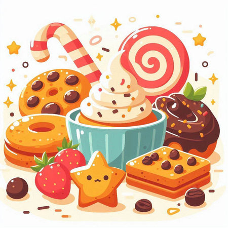 Cupcake, cookies, candies and sweets. Vector illustration.のイラスト素材