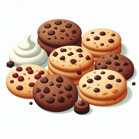 Illustration of a group of chocolate chip cookies on a white backgroundのイラスト素材