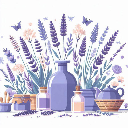 Vector illustration of lavender flowers in a glass vase with a bottle of essential oil.のイラスト素材