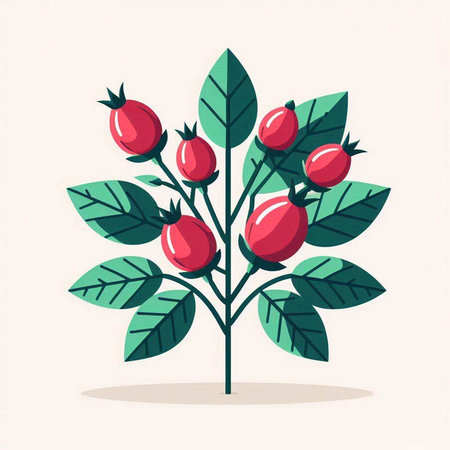 Rosehip tree with red berries and green leaves. Vector illustration.のイラスト素材