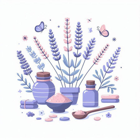 Spa composition with lavender, sea salt, lavender flowers. Vector illustrationのイラスト素材