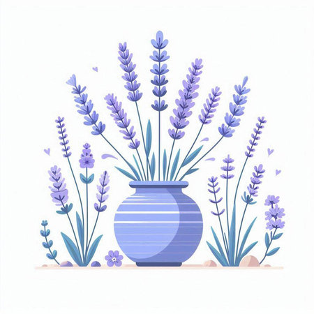 Lavender flowers in a blue vase. Vector illustration.のイラスト素材