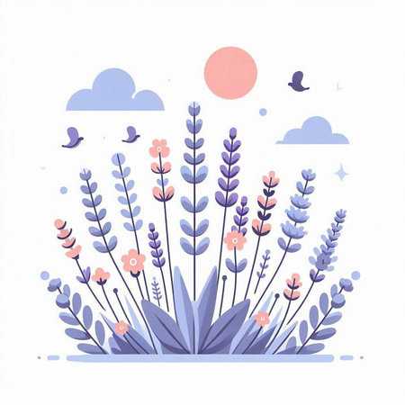 Flower composition with lavender flowers. Hand drawn vector illustration.のイラスト素材