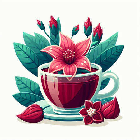 Cup of tea with red flowers and leaves. Vector illustration.のイラスト素材