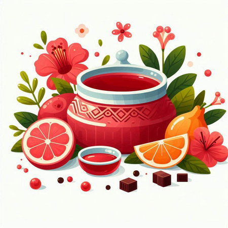 Cup of tea with fruits, leaves and flowers. Vector illustration.のイラスト素材