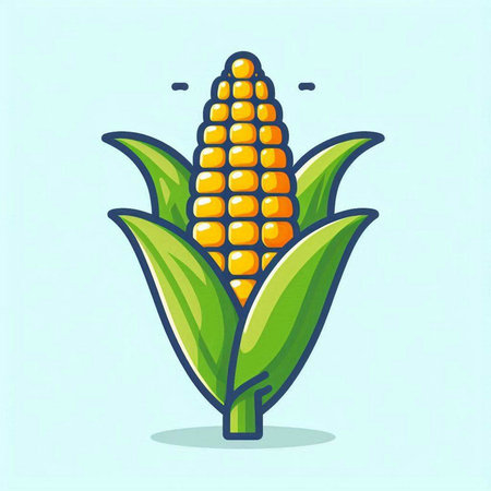 Corn icon. Cute cartoon corn with leaves. Vector illustration.のイラスト素材