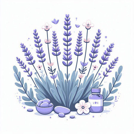 Vector illustration of lavender flowers, spa stones and aroma oil bottle.のイラスト素材