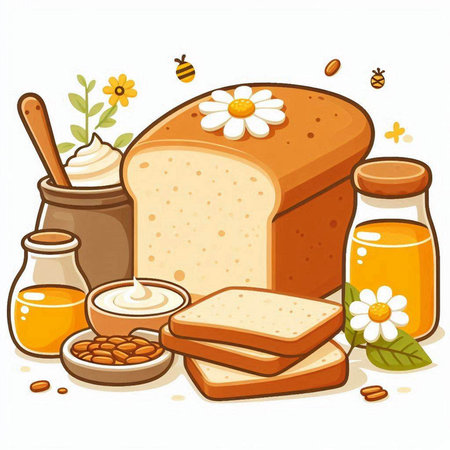Illustration of a fresh loaf of bread with butter and honey.のイラスト素材