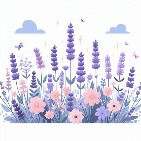 Lavender flowers and butterflies on the sky background. Vector illustration.のイラスト素材