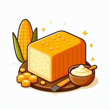 Illustration of a piece of cheese on a plate with corn.のイラスト素材