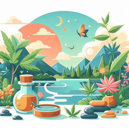 Vector illustration of spa landscape with mountains, river, flowers, stones and butterflyのイラスト素材