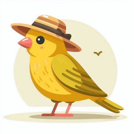 Cute little yellow bird in hat. Vector illustration on white background.のイラスト素材