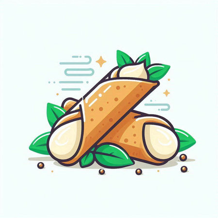 Illustration of pancake roll with green leaves. Vector illustration.のイラスト素材