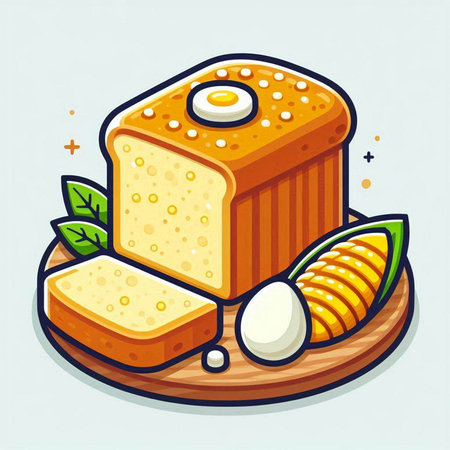 Illustration of a piece of cake on a wooden board with eggsのイラスト素材