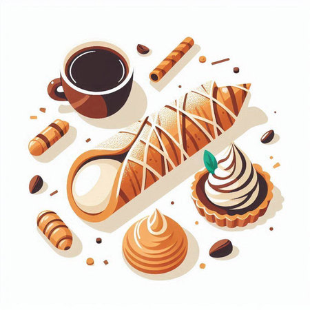 Coffee and pastries on white background. Vector illustration.のイラスト素材