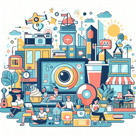 Vector illustration with flat line art design elements of travel and vacation.のイラスト素材