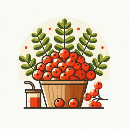 Red rowan berries in a wooden vase. Vector illustration.のイラスト素材