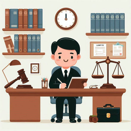 Lawyer in office. Vector illustration of a cartoon character sitting at the desk.のイラスト素材