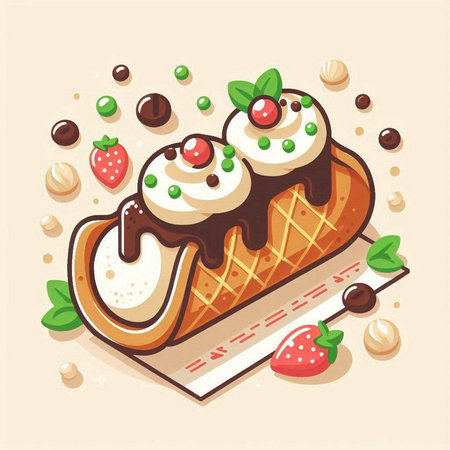 Cake vector illustration. Sweet dessert with whipped cream, chocolate and strawberries.のイラスト素材