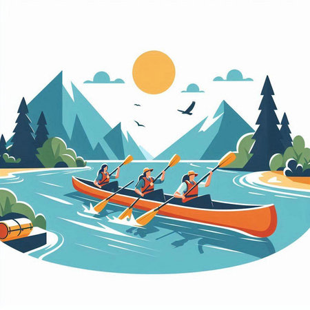 Kayaking on the river in the forest. Vector illustration in flat styleのイラスト素材