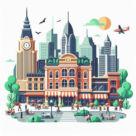 London, England, United Kingdom. Cityscape with buildings and people. Vector illustration.のイラスト素材