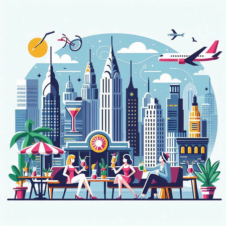 Vector illustration of a cityscape with people sitting at a table and drinking cocktailsのイラスト素材