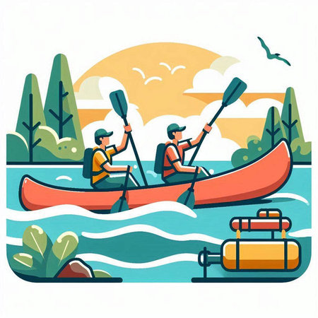 Kayaking on the river, vector illustration in flat cartoon style.のイラスト素材
