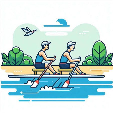 Two men rowing on the river. Flat style vector illustration.のイラスト素材