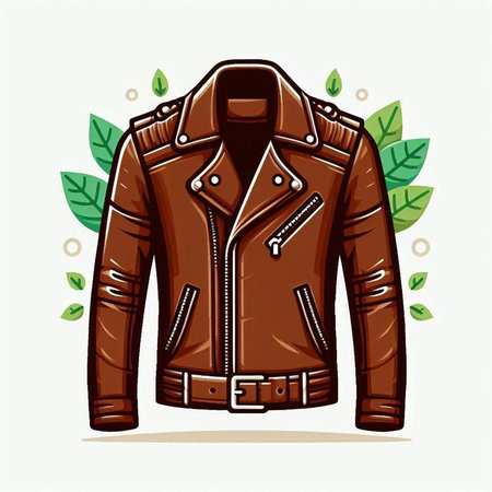 Vector illustration of a brown leather jacket on a background of leaves.のイラスト素材