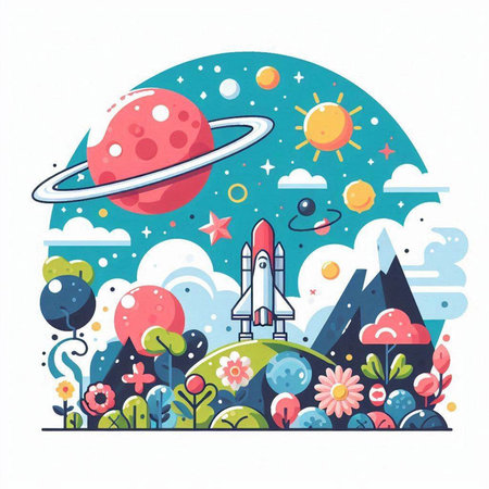 Space background with rocket, planets, flowers and stars. Vector illustrationのイラスト素材