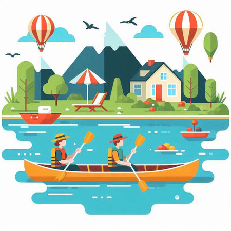 Boat trip vector illustration in flat style. Canoeing on the lake.のイラスト素材