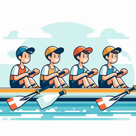 Group of men rowing on rowing boat. Flat style vector illustration.のイラスト素材