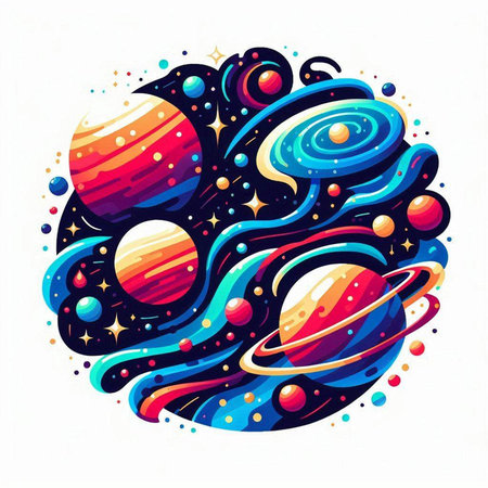 Space background with planets and stars. Vector illustration in cartoon style.のイラスト素材