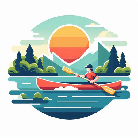 Kayaking on the river. Vector illustration. Flat design style.のイラスト素材